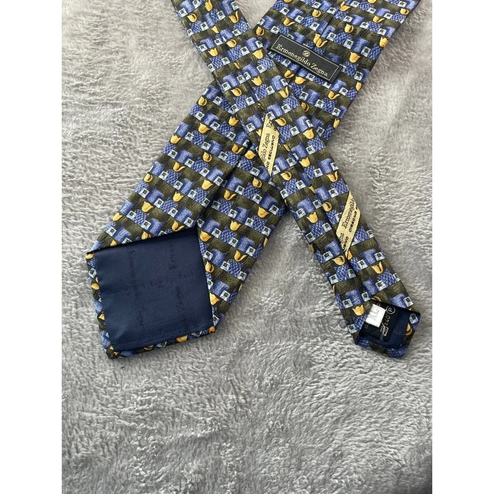 Ermenegildo Zegna Necktie Geometric Blue Yellow Pattern‎ Men's Designer Tie